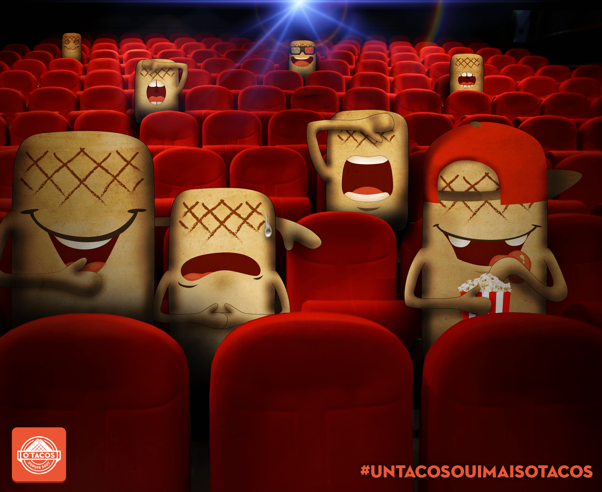 Visuel à destination des réseaux sociaux pour la marque O'Tacos, mettant en avant les mascottes de la marque au cinema.